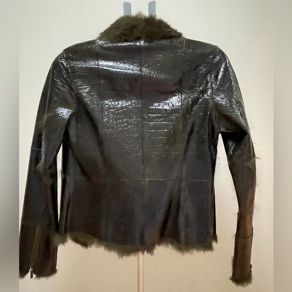 Blanc Noir Dark Green Faux Patent Leather Jacket with Faux Fur Lining - Picture 5 of 9